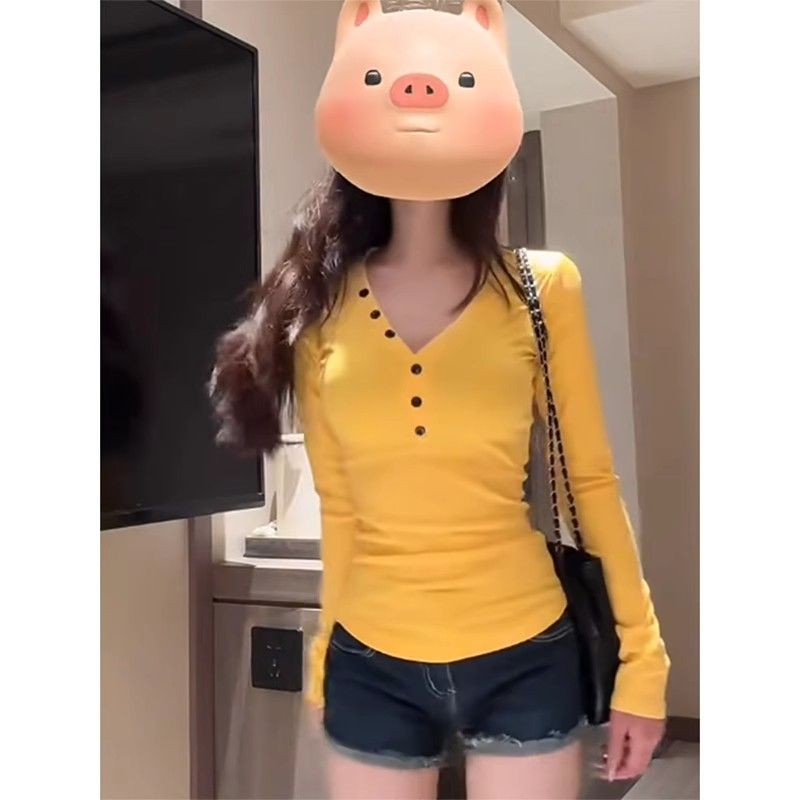 260g Modal Yellow V-Neck Long Sleeve Women's Slim Fit T-Shirt
