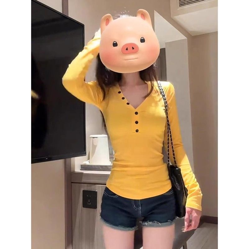 260g Modal Yellow V-Neck Long Sleeve Women's Slim Fit T-Shirt