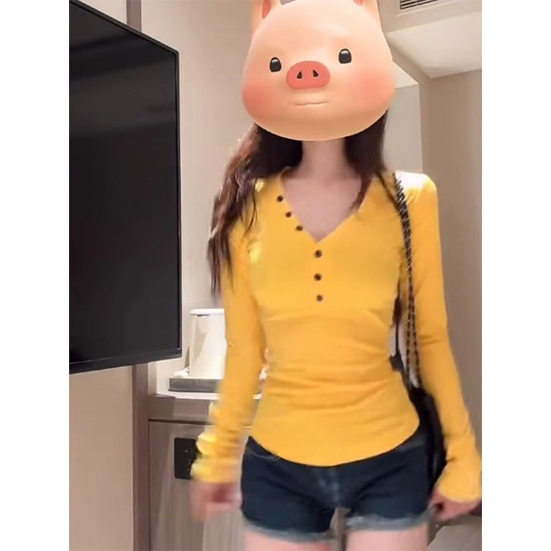 260g Modal Yellow V-Neck Long Sleeve Women's Slim Fit T-Shirt