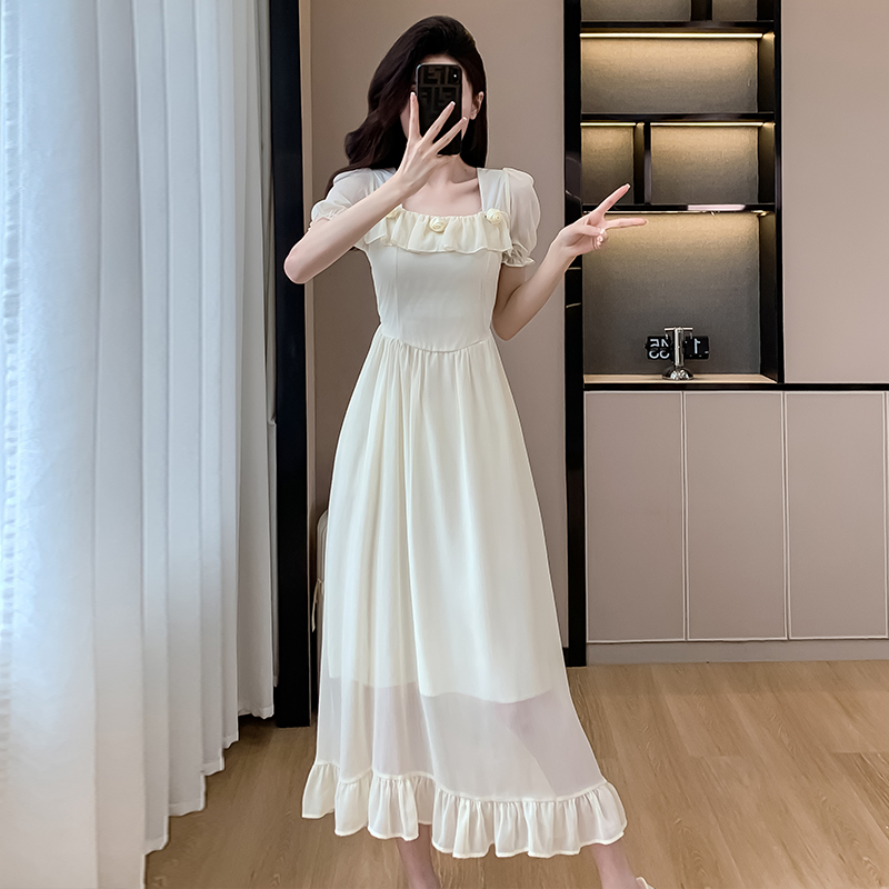 French Court Style Floral Dress Women Summer Sweet Cinched Waist Long Dress Elegant High-End