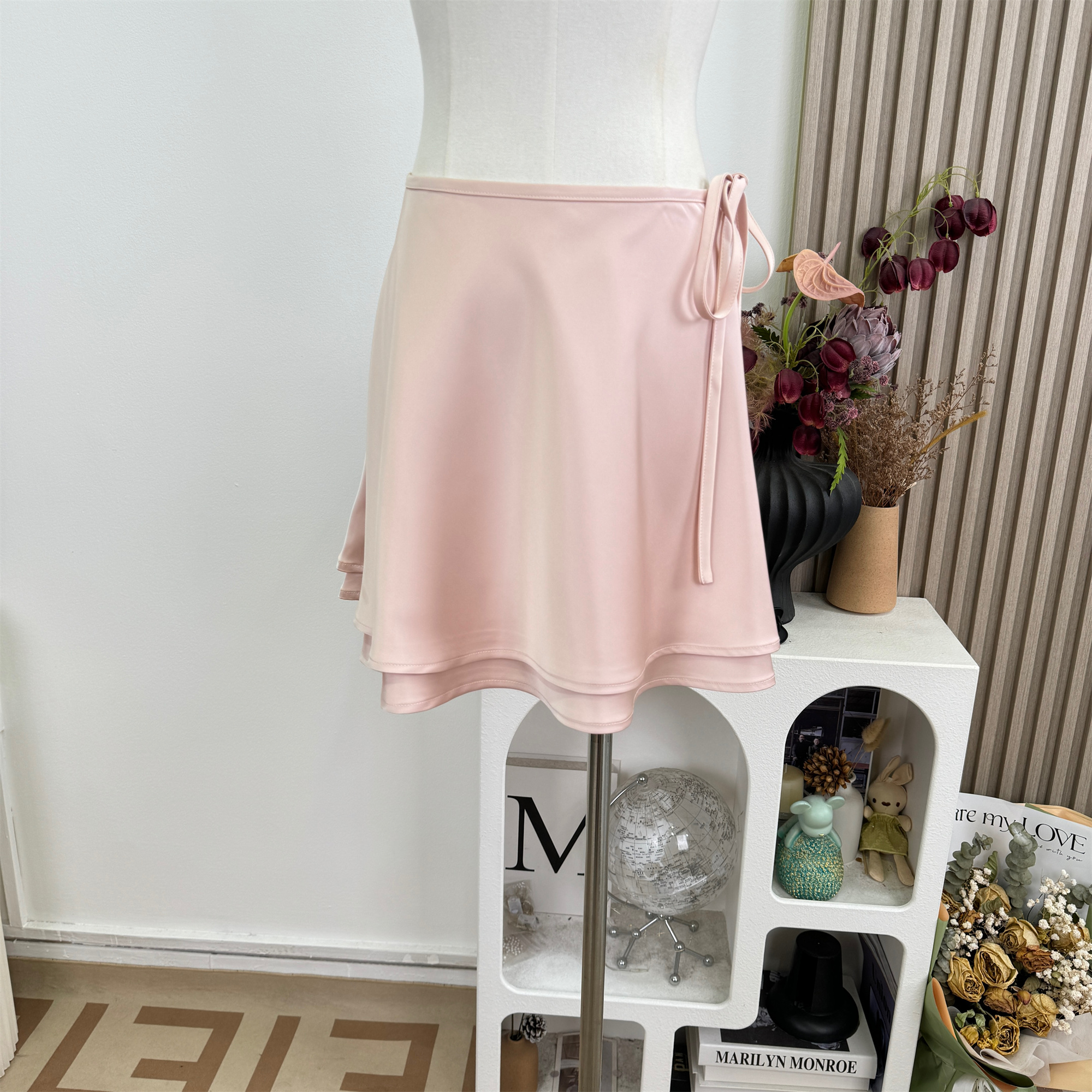light-pink-a-line-midi-skirt-with-double-layer-hem Light Pink A-Line Midi Skirt with Double-Layer Hem