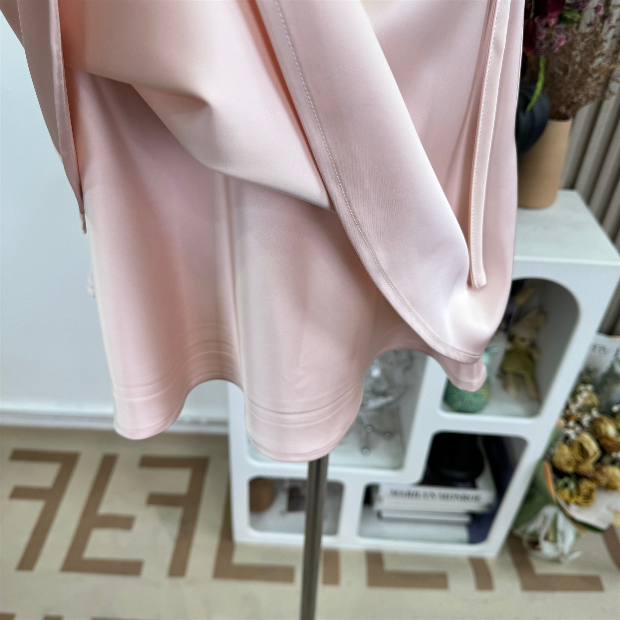 light-pink-a-line-midi-skirt-with-double-layer-hem_3 Light Pink A-Line Midi Skirt with Double-Layer Hem