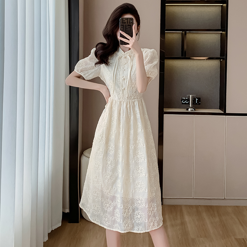 New Chinese Style Chiffon Dress Summer 2024 Short Sleeve Qipao Collar