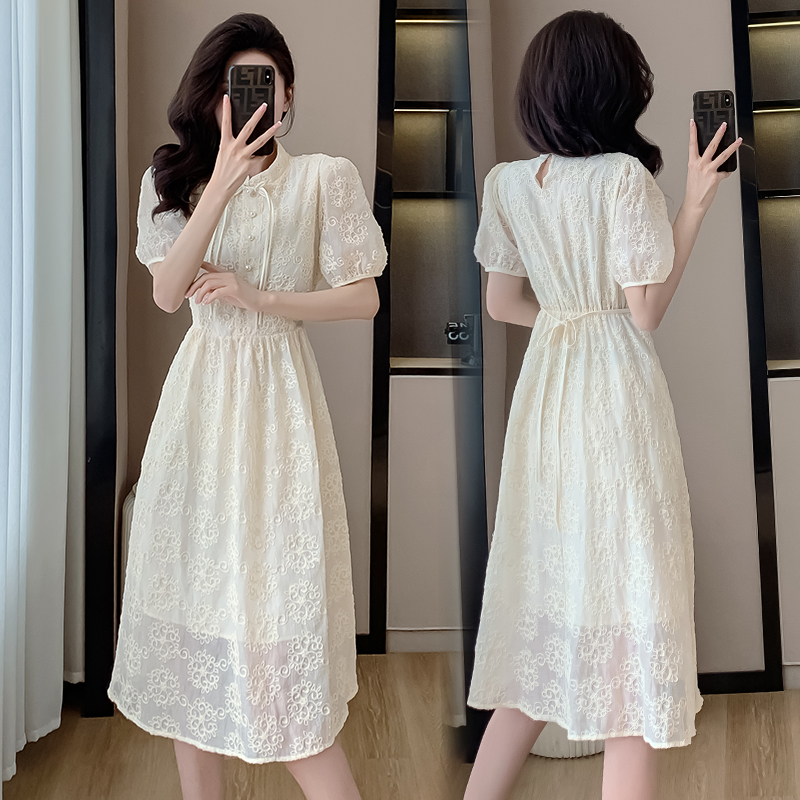 New Chinese Style Chiffon Dress Summer 2024 Short Sleeve Qipao Collar