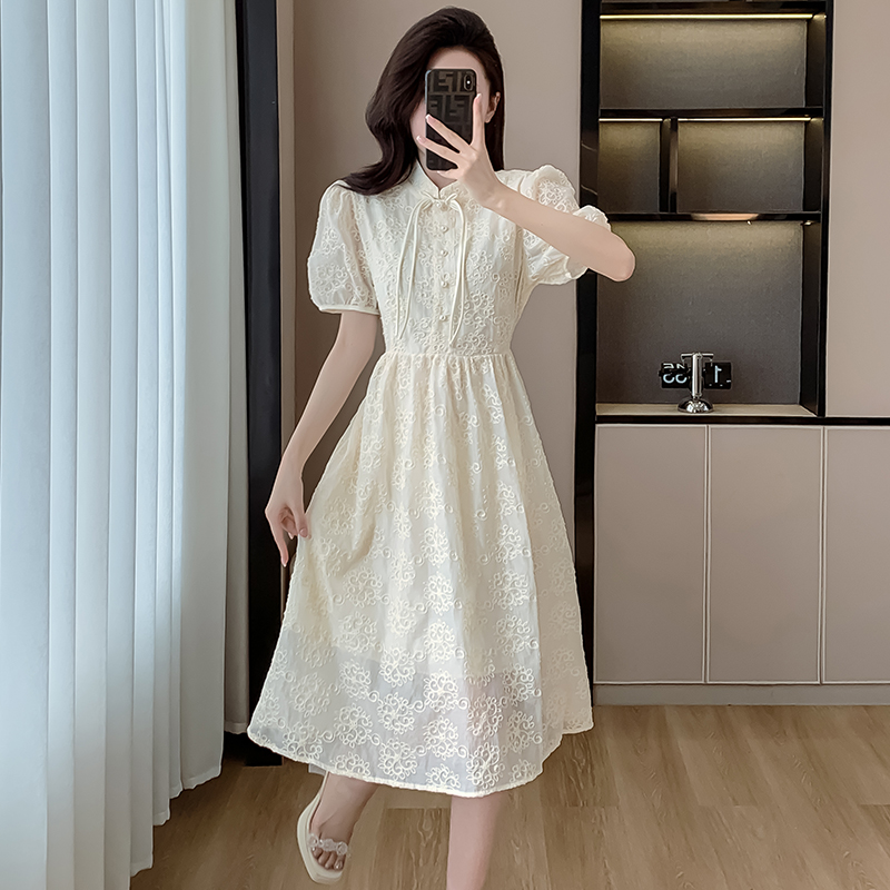 New Chinese Style Chiffon Dress Summer 2024 Short Sleeve Qipao Collar