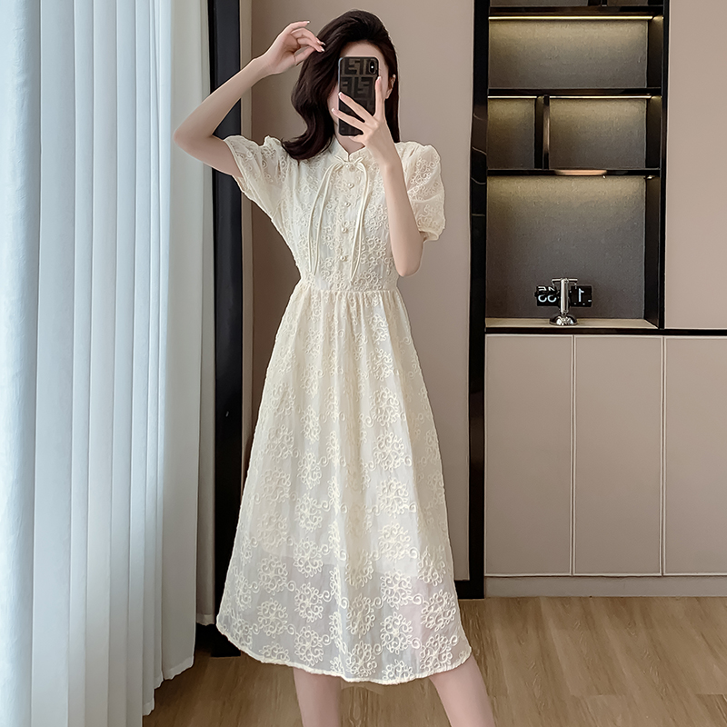 New Chinese Style Chiffon Dress Summer 2024 Short Sleeve Qipao Collar