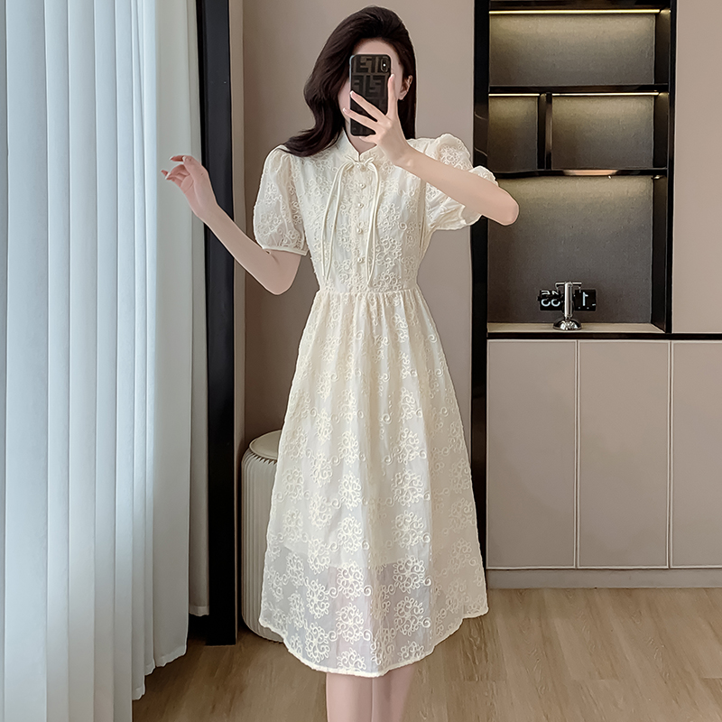 New Chinese Style Chiffon Dress Summer 2024 Short Sleeve Qipao Collar