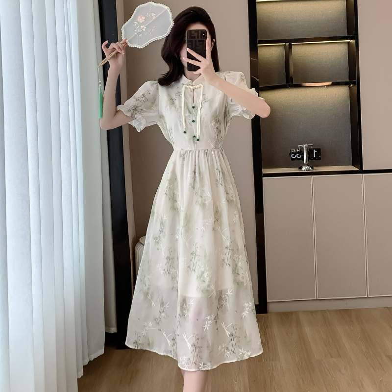 New Chinese Style Floral Embroidered Dress with Pankou and Tassels