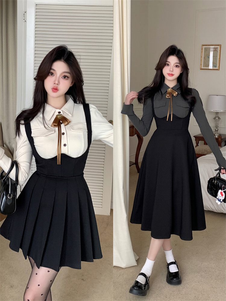 plus-size-korean-style-fall-outfit-set-women-long-sleeve-cinched-shirt-with-suspender-dress Plus Size Korean Style Fall Outfit Set Women Long Sleeve Cinched Shirt with Suspender Dress
