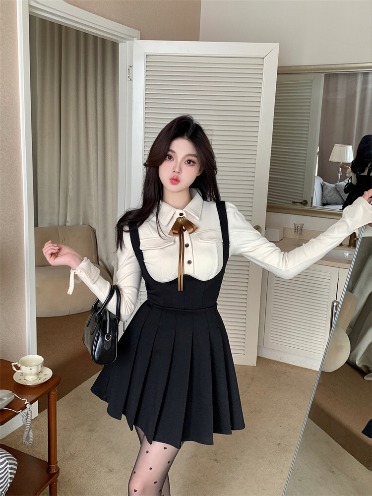 Plus Size Korean Style Fall Outfit Set Women Long Sleeve Cinched Shirt with Suspender Dress