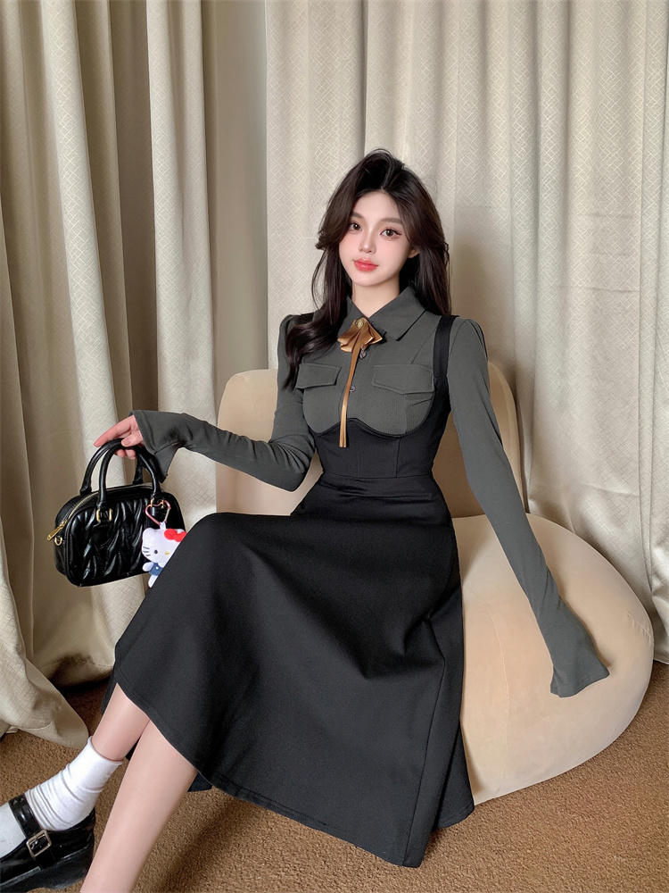 Plus Size Korean Style Fall Outfit Set Women Long Sleeve Cinched Shirt with Suspender Dress