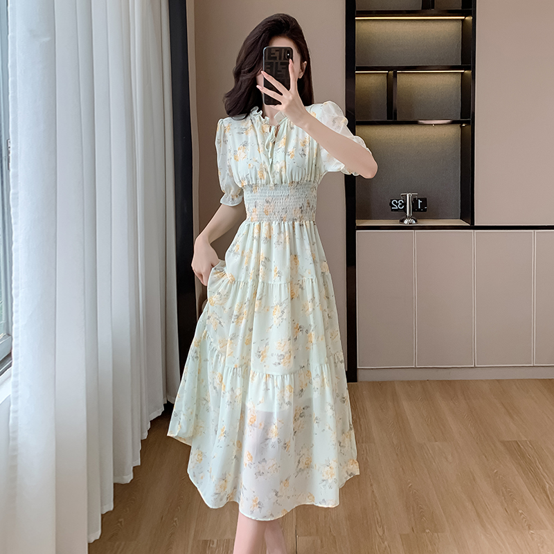 sweet-floral-chiffon-dress-summer-womens-a-line-midi Sweet Floral Chiffon Dress Summer Women's A-Line Midi