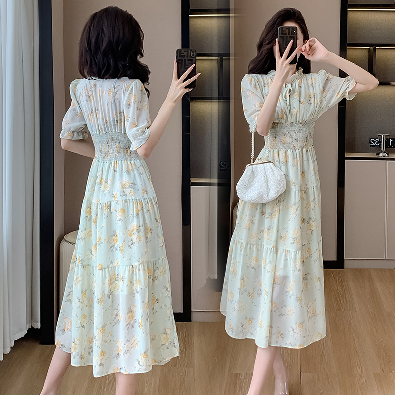 Sweet Floral Chiffon Dress Summer Women's A-Line Midi