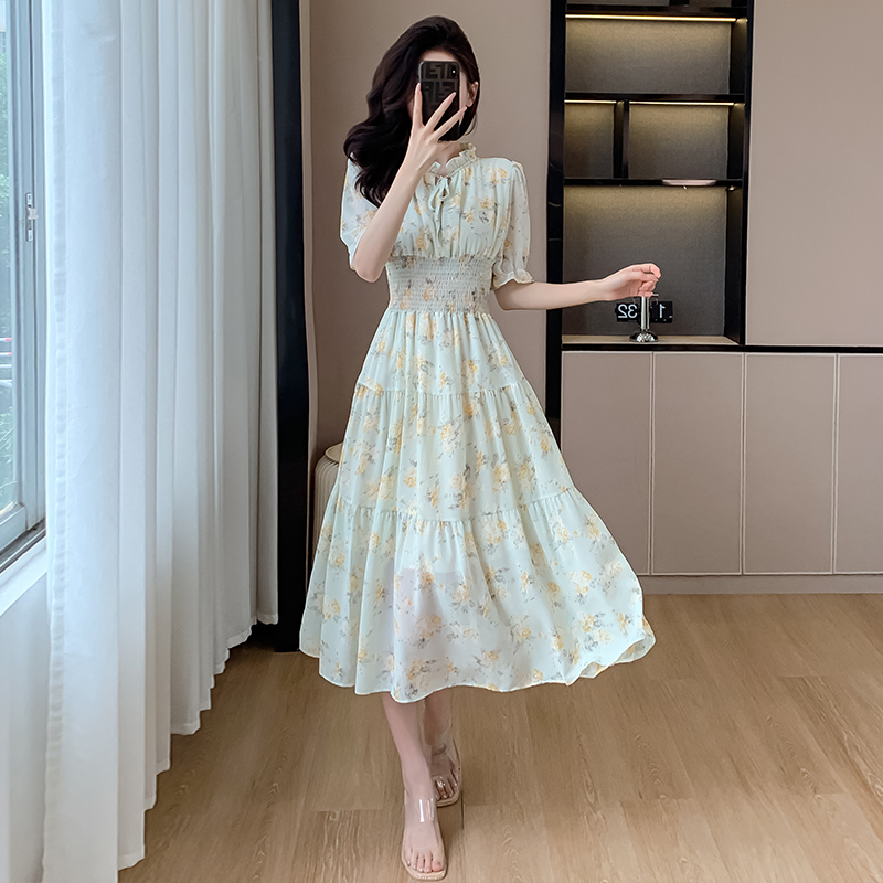 Sweet Floral Chiffon Dress Summer Women's A-Line Midi