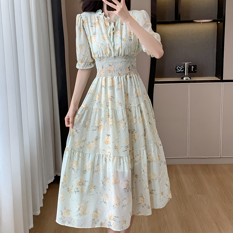 Sweet Floral Chiffon Dress Summer Women's A-Line Midi