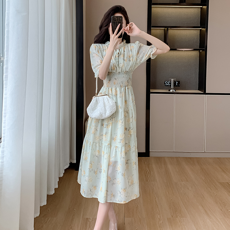Sweet Floral Chiffon Dress Summer Women's A-Line Midi