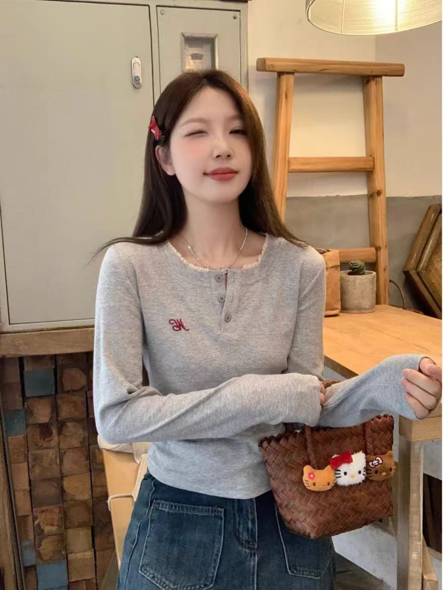 sweet-lace-round-neck-long-sleeve-t-shirt-women-gray-base-layer-slim-fit-inner-top-early-autumn-new_1 Sweet Lace Round Neck Long Sleeve T-Shirt Women Gray Base Layer Slim Fit Inner Top Early Autumn New