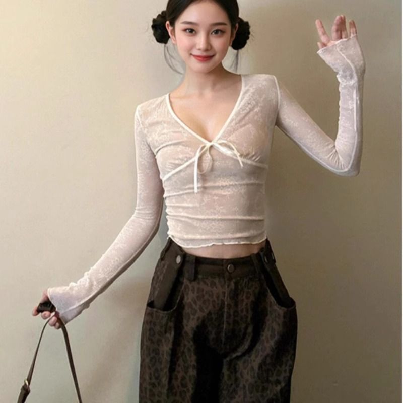 v-neck-lace-top-women-long-sleeve-slim-fit-t-shirt V-Neck Lace Top Women Long Sleeve Slim Fit T-Shirt