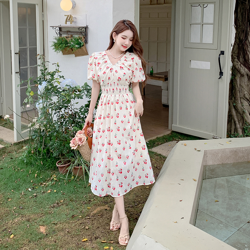 womens-floral-print-v-neck-bubble-sleeve-midi-dress Women's Floral Print V-Neck Bubble Sleeve Midi Dress