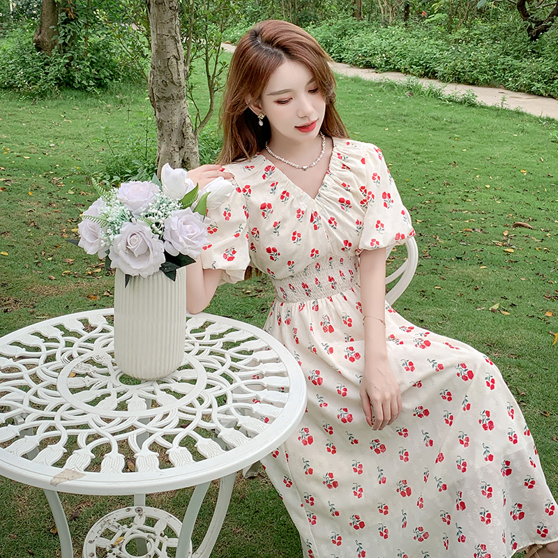 womens-floral-print-v-neck-bubble-sleeve-midi-dress_1 Women's Floral Print V-Neck Bubble Sleeve Midi Dress