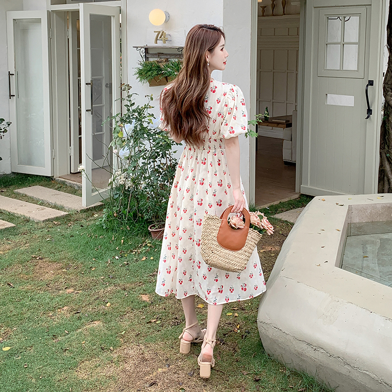 womens-floral-print-v-neck-bubble-sleeve-midi-dress_2 Women's Floral Print V-Neck Bubble Sleeve Midi Dress