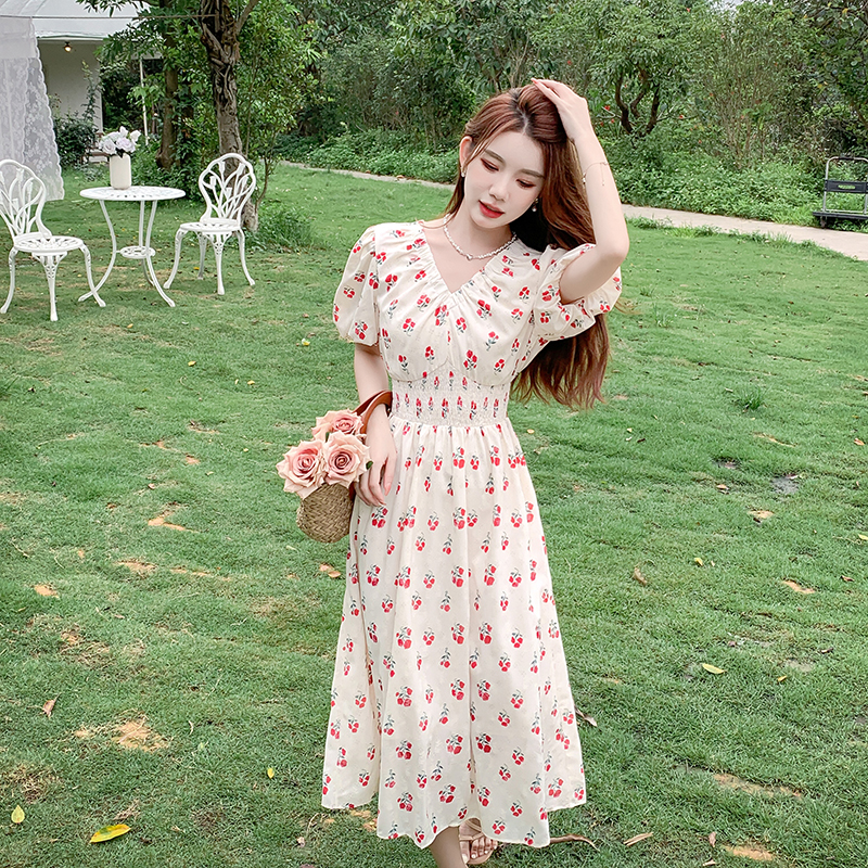 womens-floral-print-v-neck-bubble-sleeve-midi-dress_3 Women's Floral Print V-Neck Bubble Sleeve Midi Dress