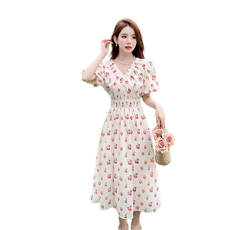 womens-floral-print-v-neck-bubble-sleeve-midi-dress_4 Women's Floral Print V-Neck Bubble Sleeve Midi Dress
