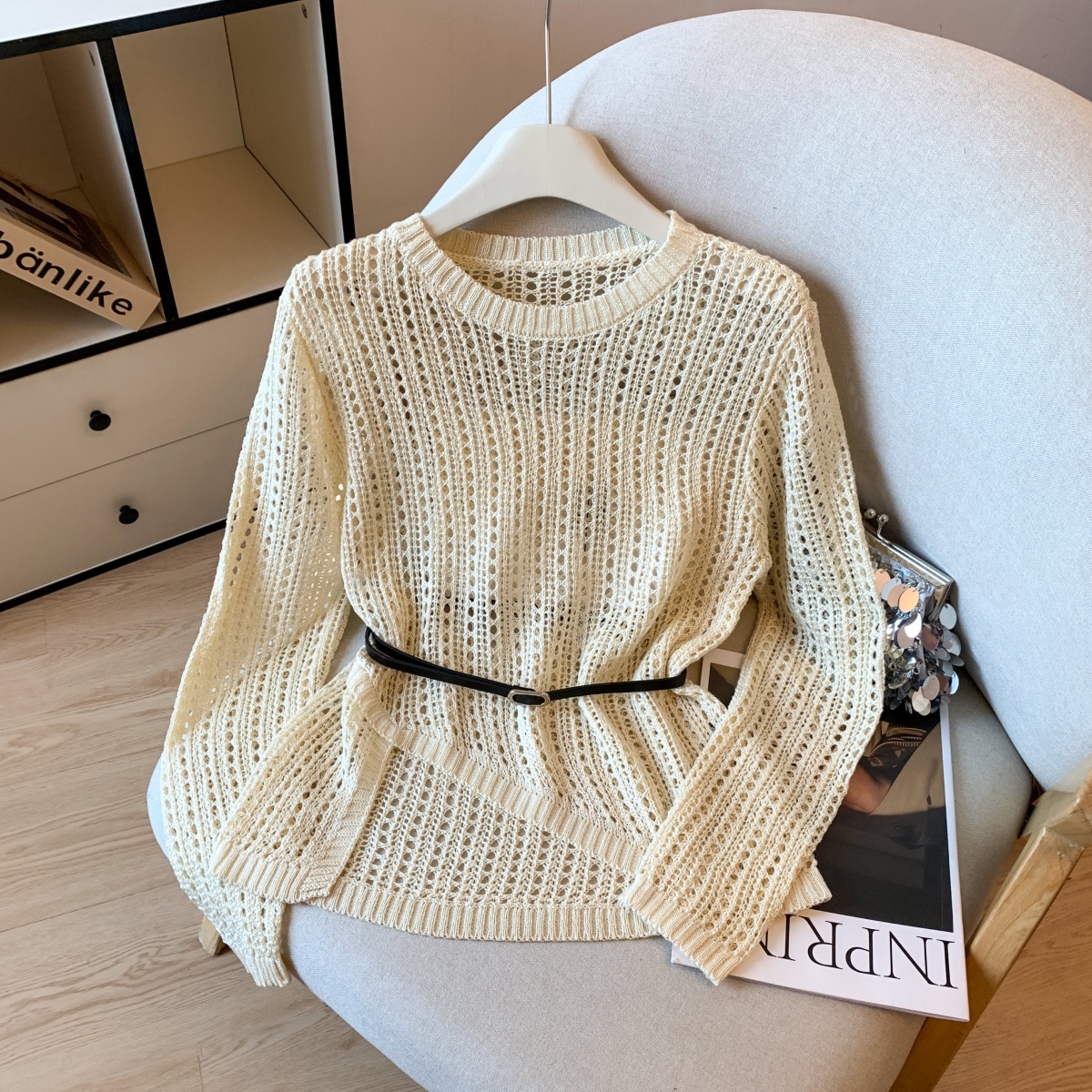 Women's French Lazy Style Openwork Knit Top with Irregular Hem