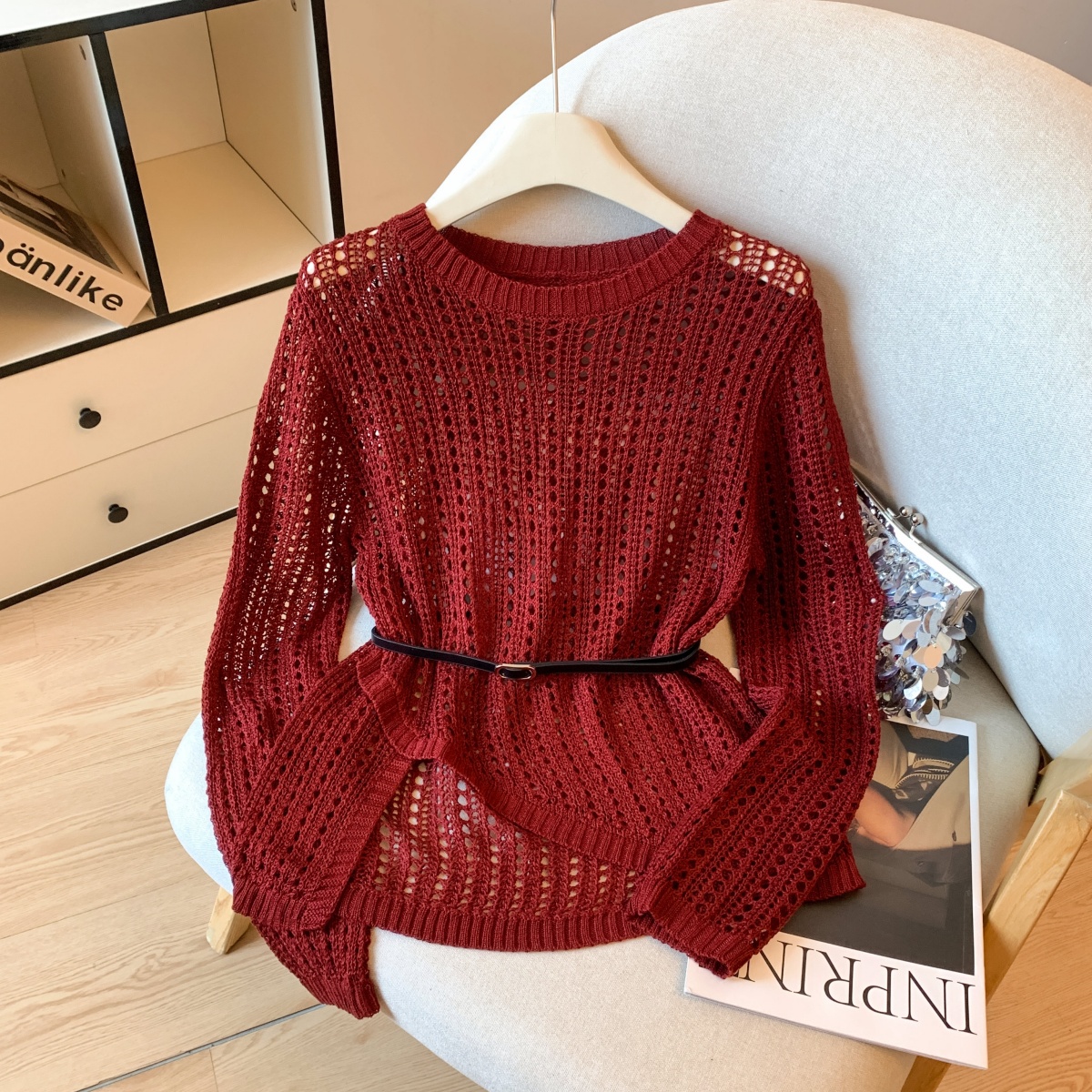 Women's French Lazy Style Openwork Knit Top with Irregular Hem