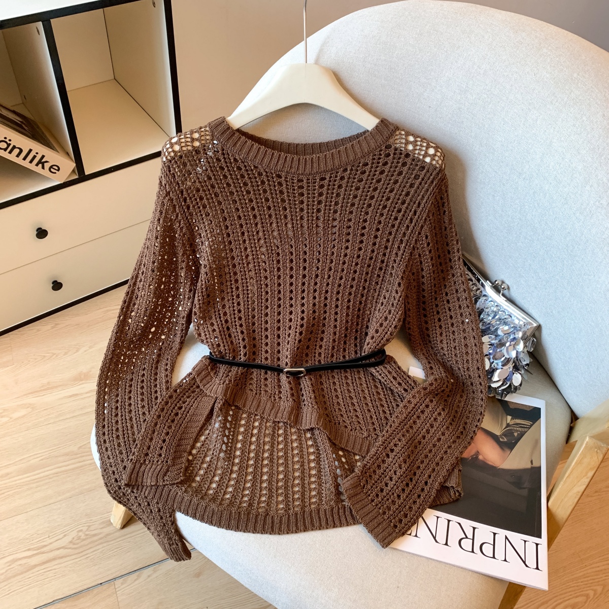 Women's French Lazy Style Openwork Knit Top with Irregular Hem