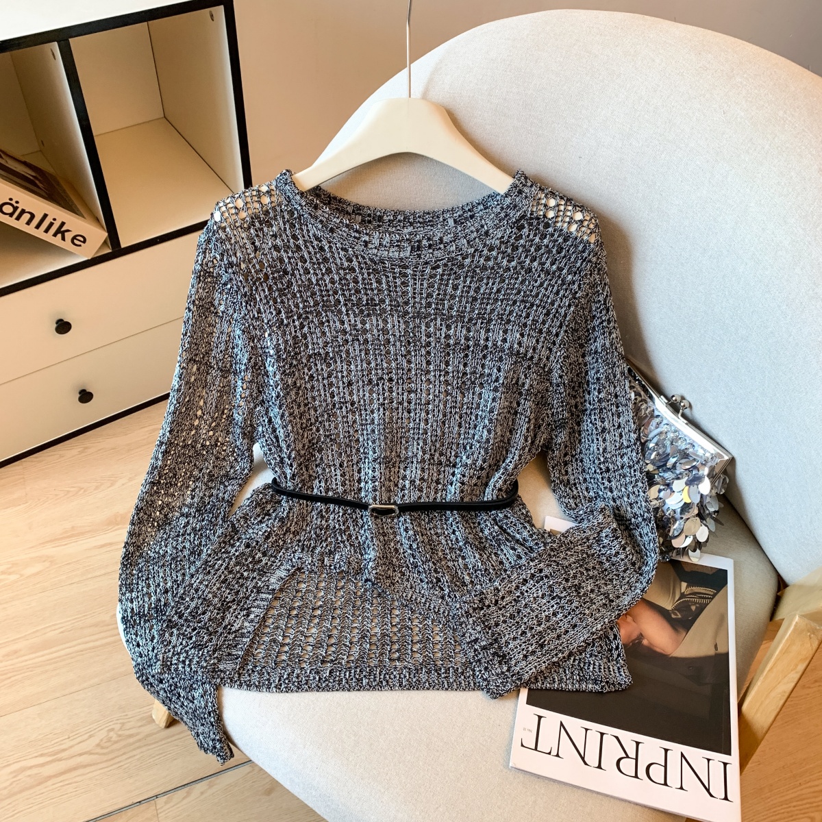 Women's French Lazy Style Openwork Knit Top with Irregular Hem