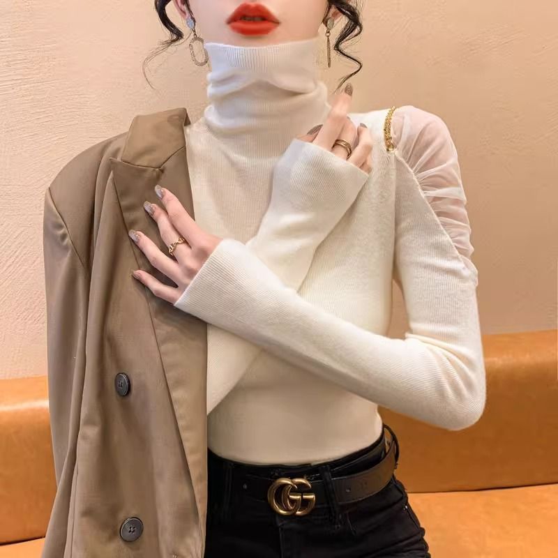 Women's French Style Mesh Spliced Half Turtleneck Base Shirt Summer Short Sleeve