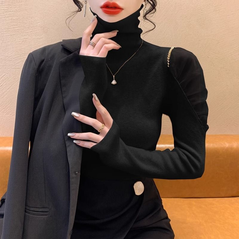 womens-french-style-mesh-spliced-half-turtleneck-base-shirt-summer-short-sleeve_2 Women's French Style Mesh Spliced Half Turtleneck Base Shirt Summer Short Sleeve