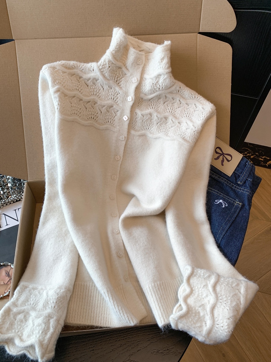 Women's Half Turtleneck Hollow Crochet Knit Cardigan Casual Pullover Sweater