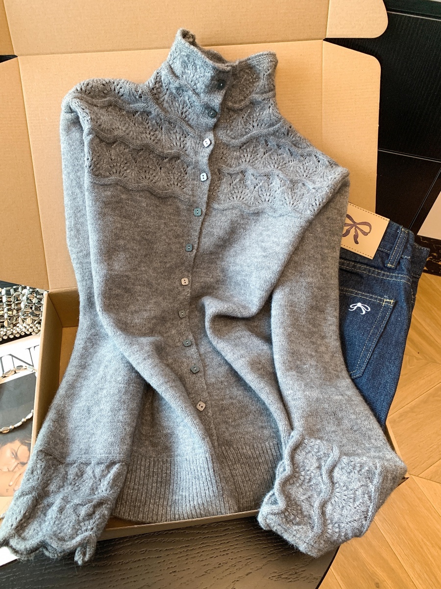 Women's Half Turtleneck Hollow Crochet Knit Cardigan Casual Pullover Sweater