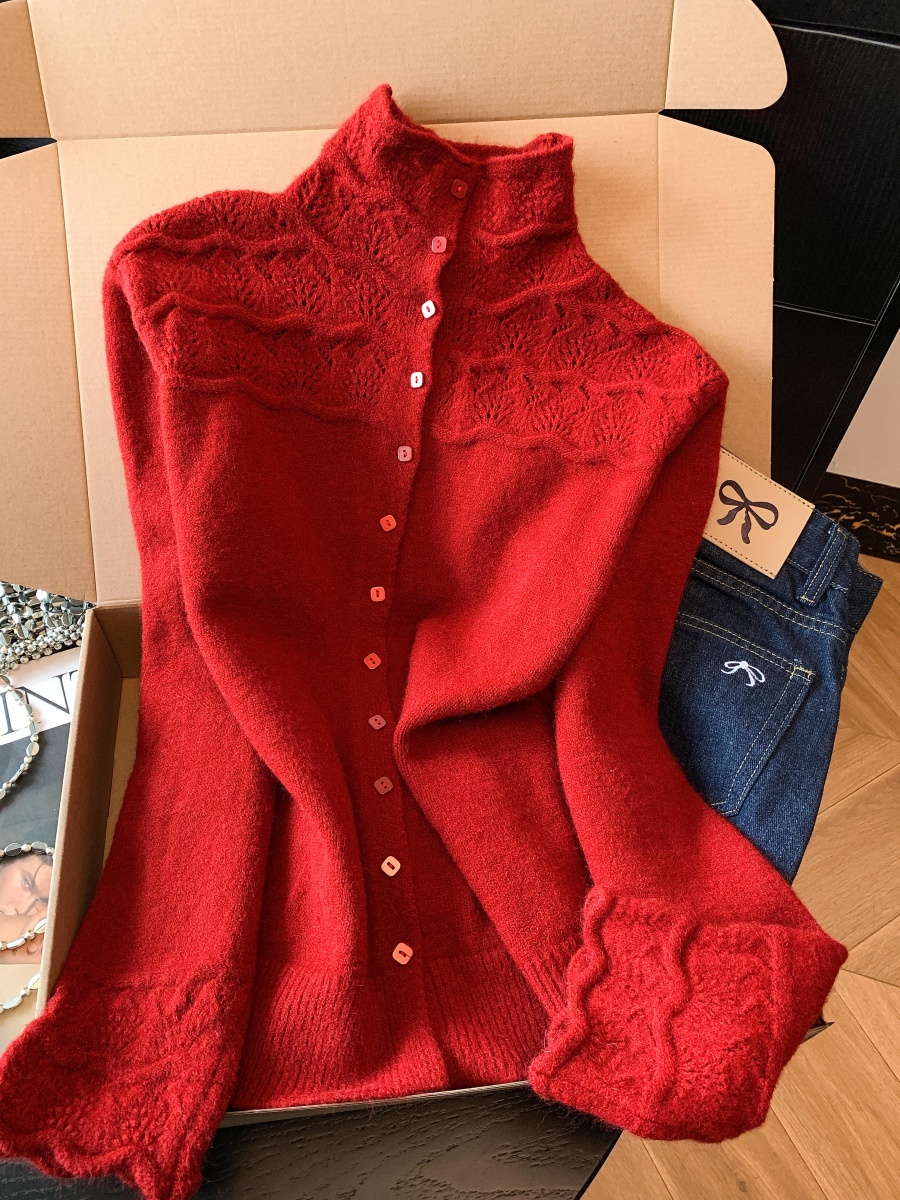 Women's Half Turtleneck Hollow Crochet Knit Cardigan Casual Pullover Sweater