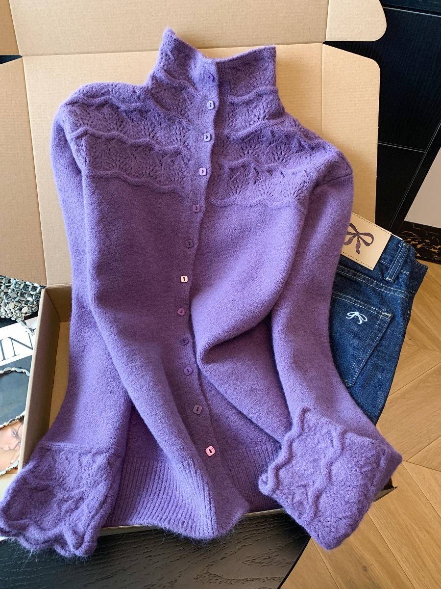 Women's Half Turtleneck Hollow Crochet Knit Cardigan Casual Pullover Sweater