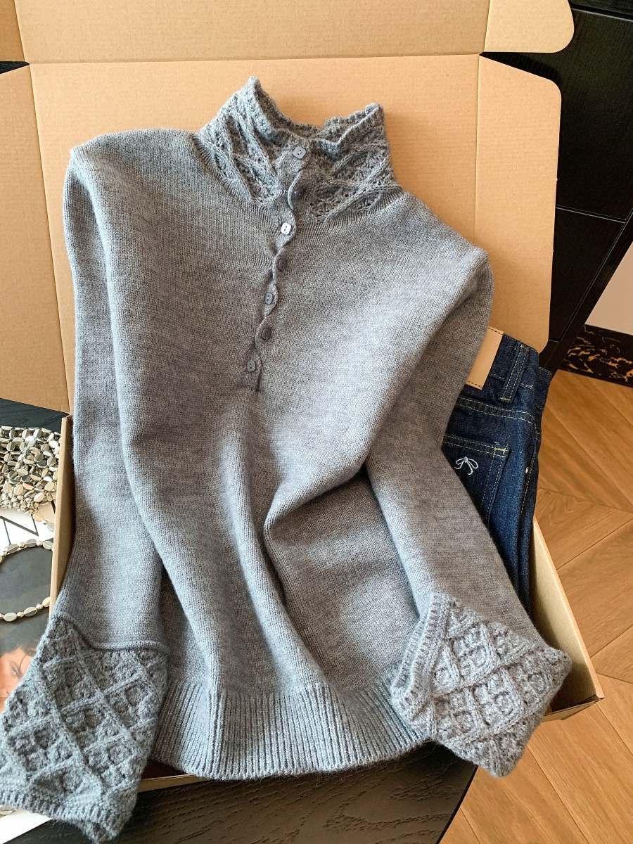 Women's Half Turtleneck Openwork Knit Sweater Warm Casual Pullover