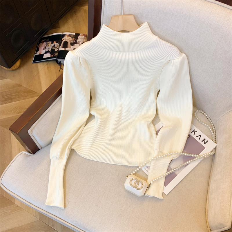 Women's Half Turtleneck Soft Knit Pullover Sweater with Lantern Sleeves Slim Fit French Style Top