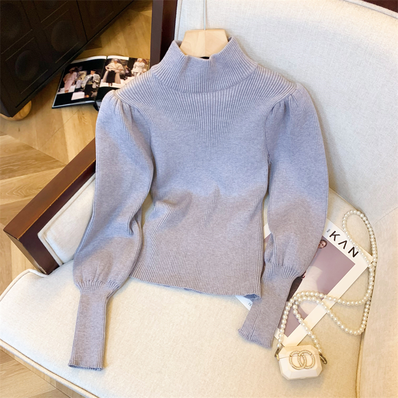 Women's Half Turtleneck Soft Knit Pullover Sweater with Lantern Sleeves Slim Fit French Style Top
