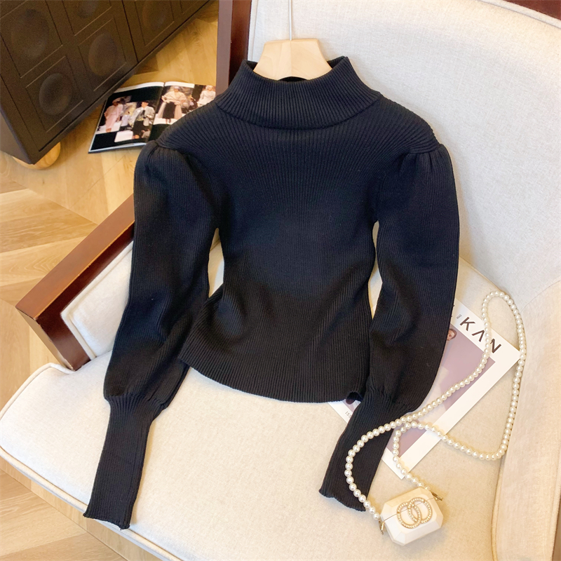Women's Half Turtleneck Soft Knit Pullover Sweater with Lantern Sleeves Slim Fit French Style Top