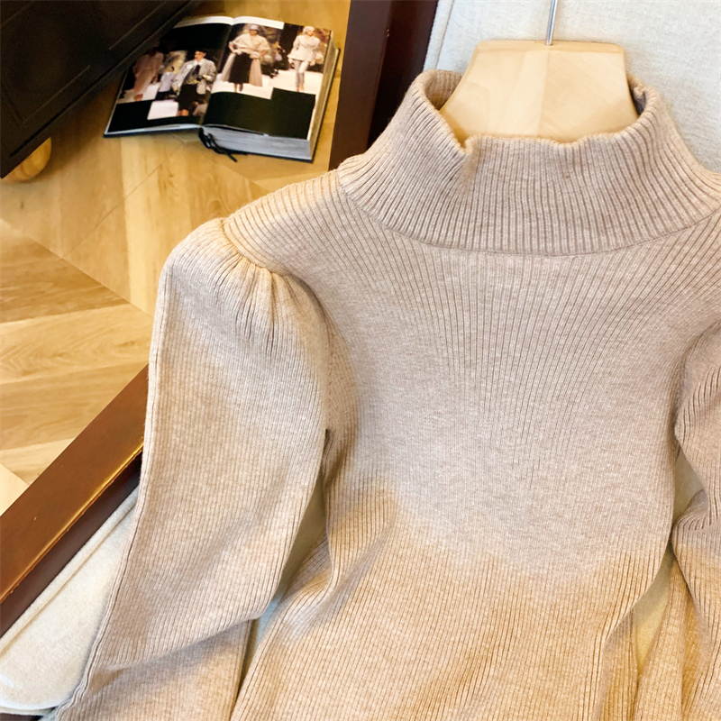 Women's Half Turtleneck Soft Knit Pullover Sweater with Lantern Sleeves Slim Fit French Style Top