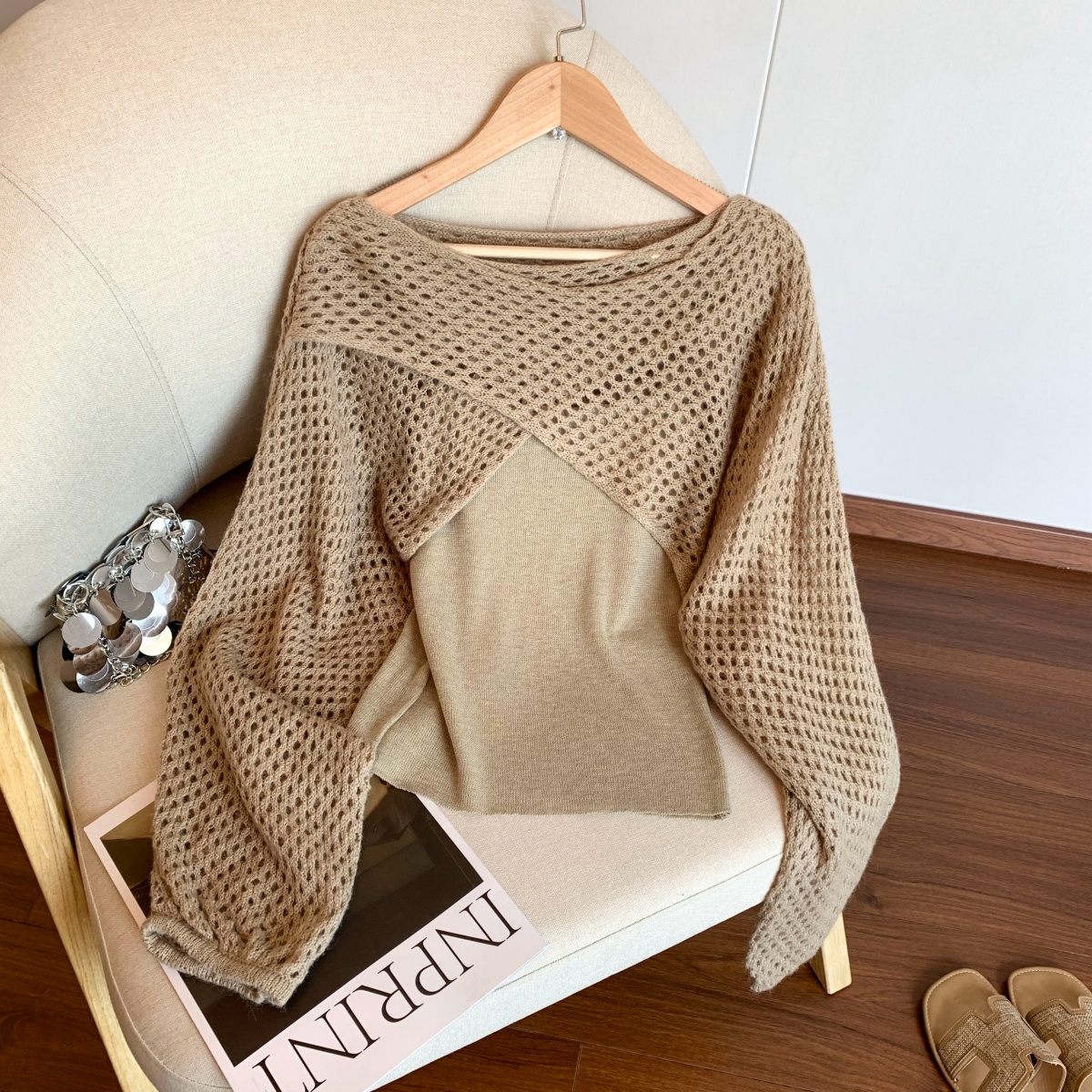 womens-hollow-out-knit-sweater-shawl-top-two-piece-set Women's Hollow-Out Knit Sweater Shawl Top Two-Piece Set