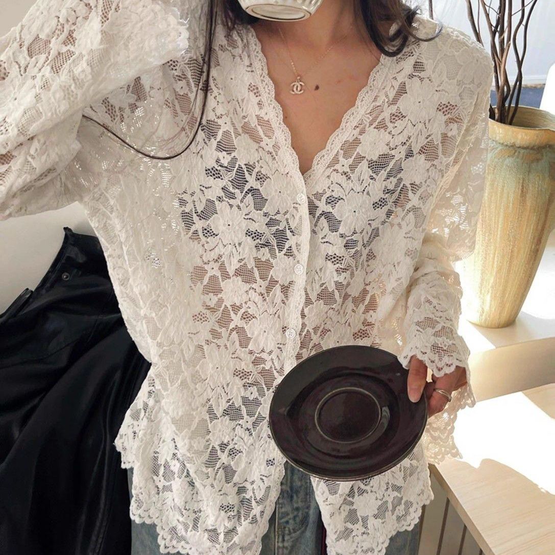 Women's Long Sleeve Lace Hollow Out Shirt Slim Fit Base Layer Top