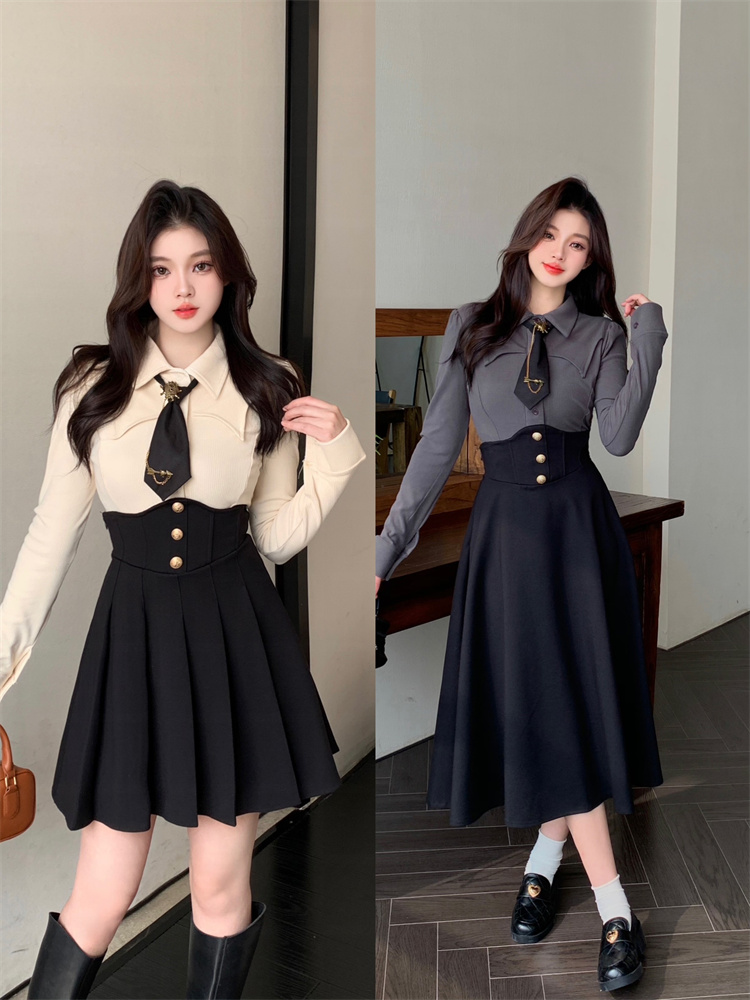 Women's Preppy Style Two-Piece Set with Long Sleeve Shirt and Corset Skirt 2025 Autumn