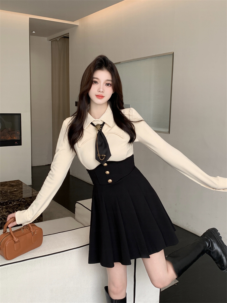 womens-preppy-style-two-piece-set-with-long-sleeve-shirt-and-corset-skirt-2025-autumn_1 Women's Preppy Style Two-Piece Set with Long Sleeve Shirt and Corset Skirt 2025 Autumn