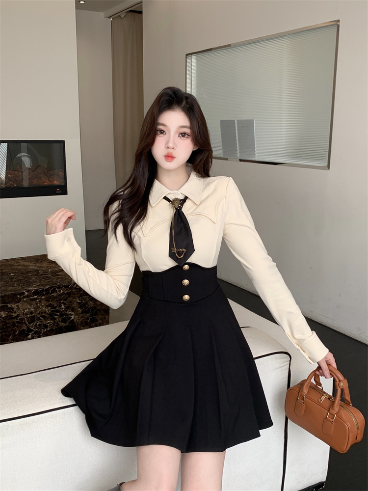 womens-preppy-style-two-piece-set-with-long-sleeve-shirt-and-corset-skirt-2025-autumn_3 Women's Preppy Style Two-Piece Set with Long Sleeve Shirt and Corset Skirt 2025 Autumn