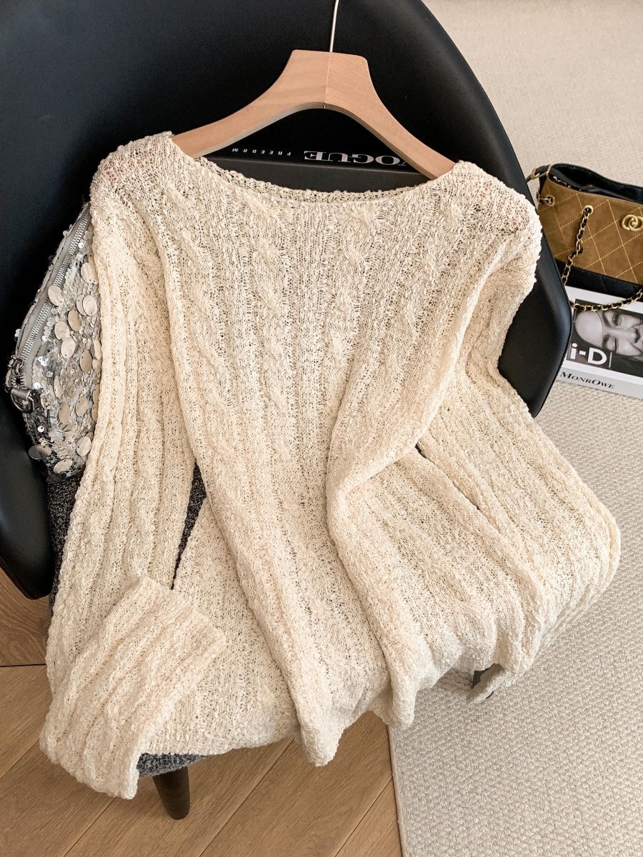 Women's Sheer Textured Cable Knit Sweater Loose Fit Long Sleeve Pullover