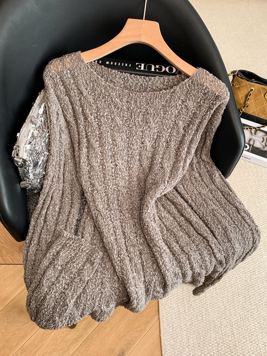 Women's Sheer Textured Cable Knit Sweater Loose Fit Long Sleeve Pullover