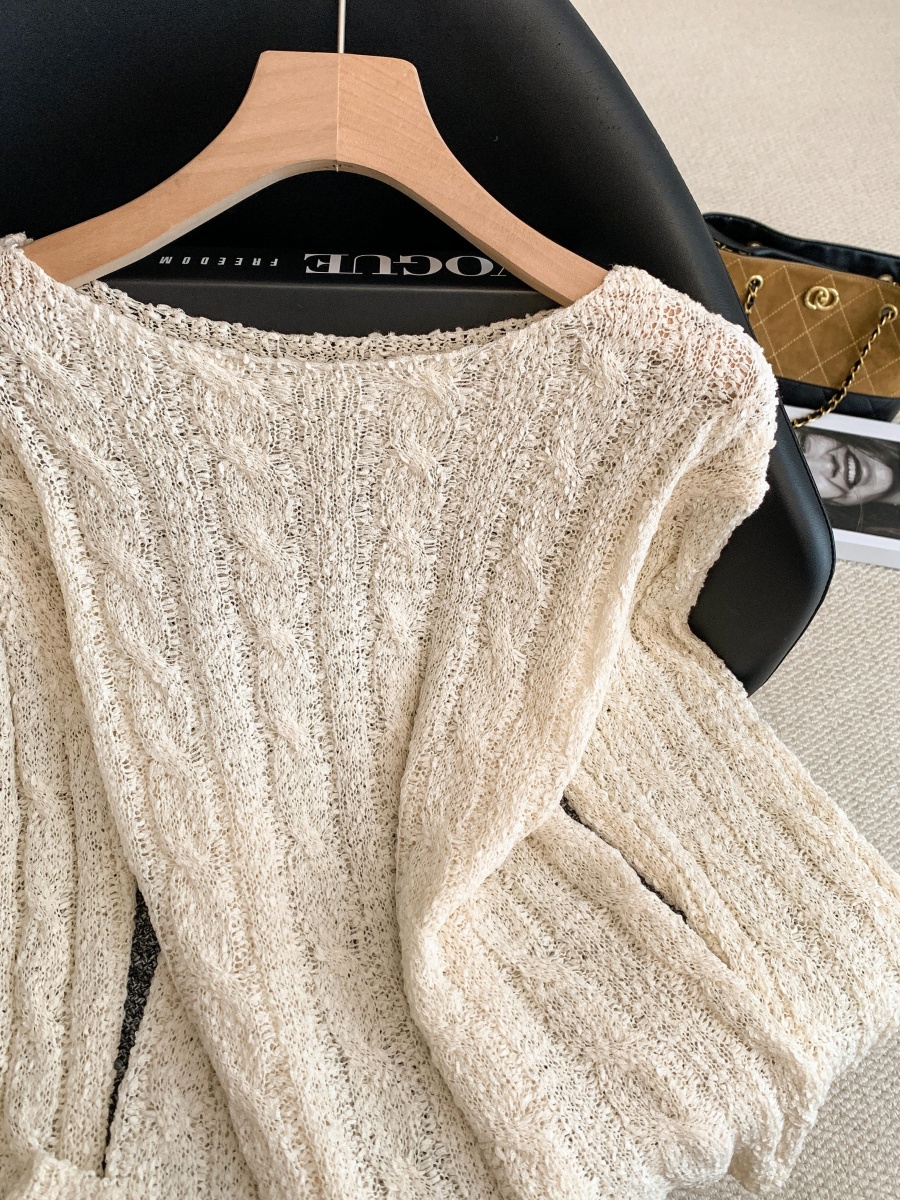 Women's Sheer Textured Cable Knit Sweater Loose Fit Long Sleeve Pullover